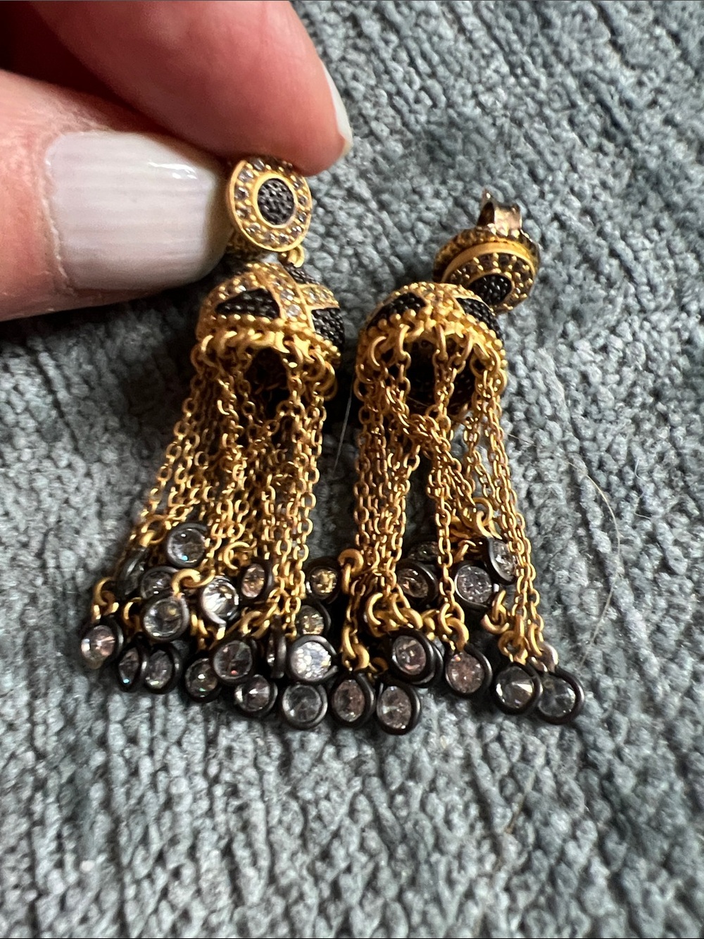 Gold Tassel Drop Earrings with Black Accents and Clear Stones